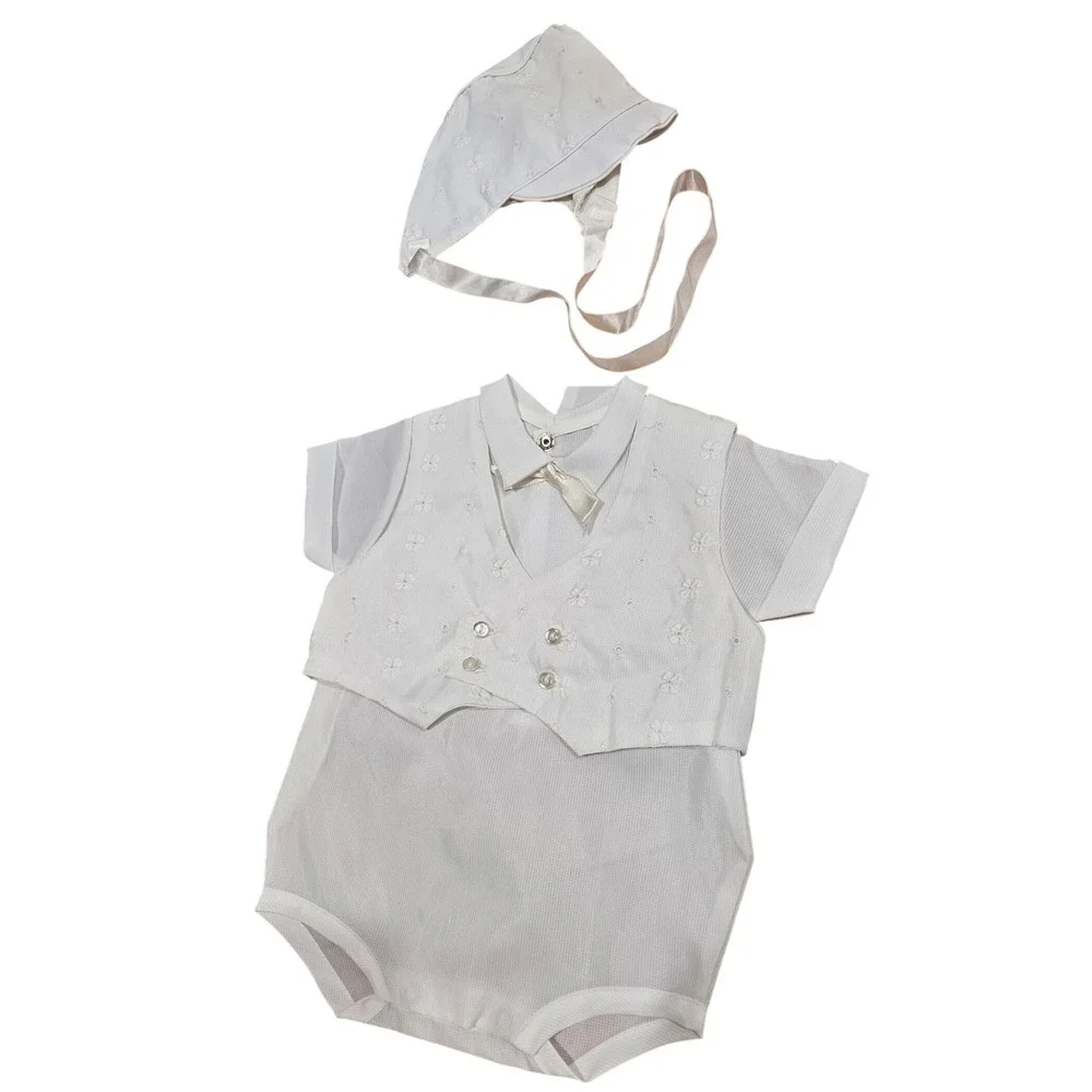 Vintage White Baby Boys Romper Vest Set with Bonnet Christening Special Occasion